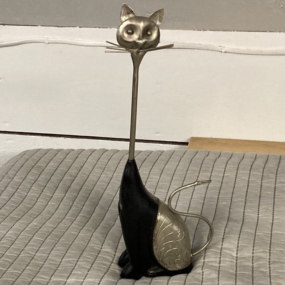 Cat figurine Sculpture Mixed Media Embossed Metal Wood Shelf Decor Whimsical